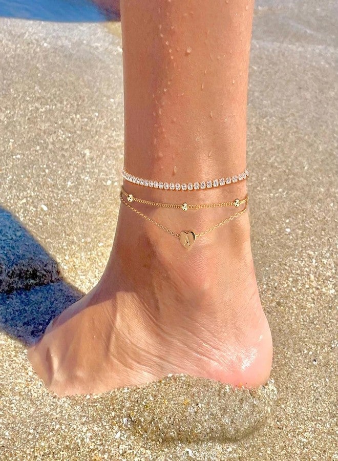 MYYOII Initial Ankle Bracelets for Women, Dainty Gold Anklets for Women Layered Heart CZ Bead Initial Anklets 14K Gold Plated Ankle Bracelet Set Waterproof Summer Beach Jewelry for Women T, Large - Image 2